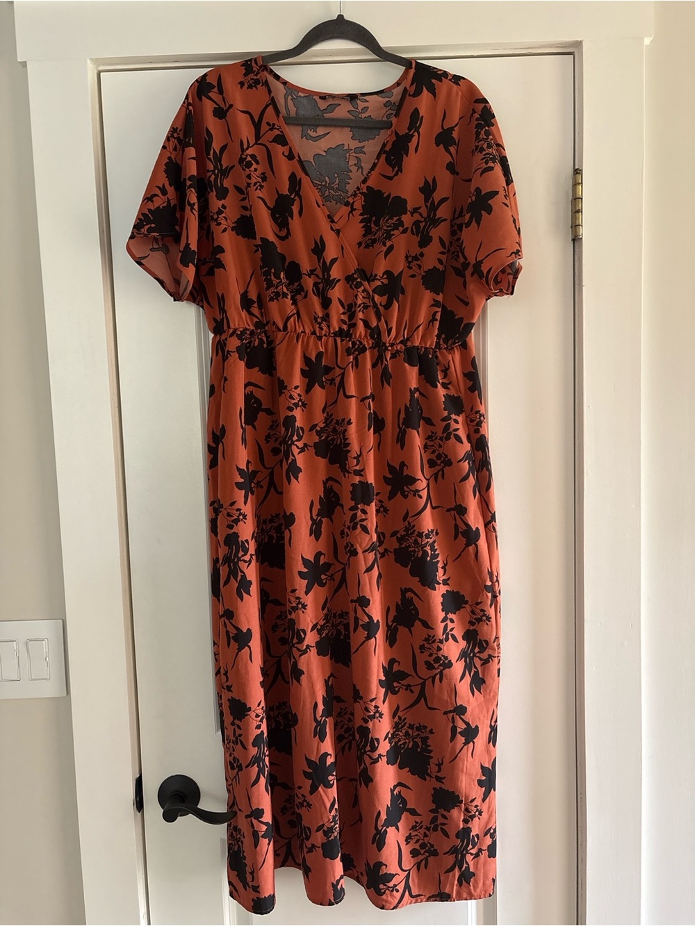 BloomChic Rust Orange Midi Dress with Black Floral Print